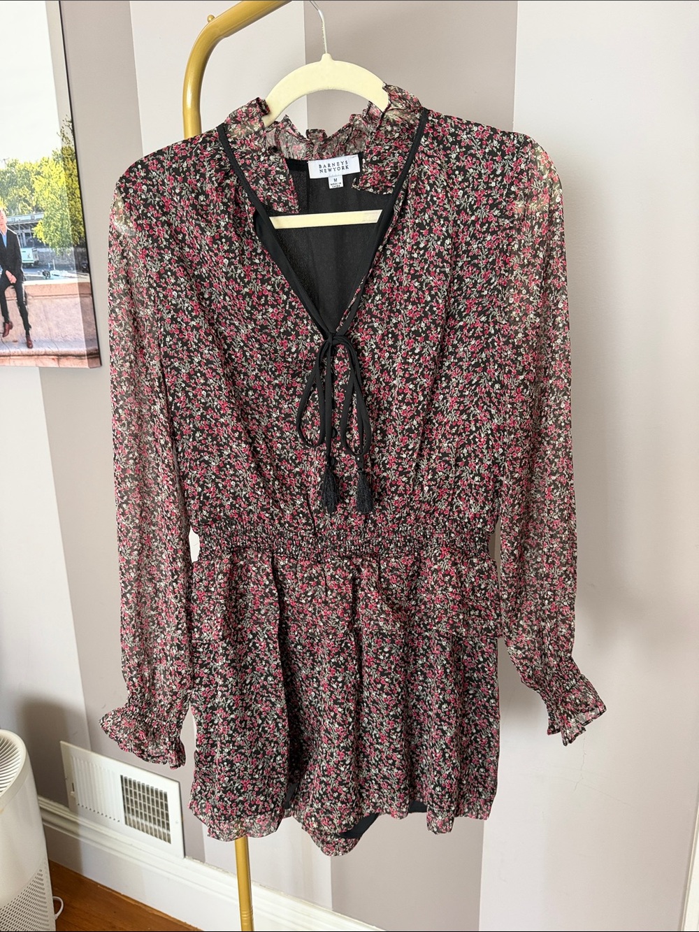 Barneys New York Black and Pink Floral Long-Sleeve Romper with Tie Neck